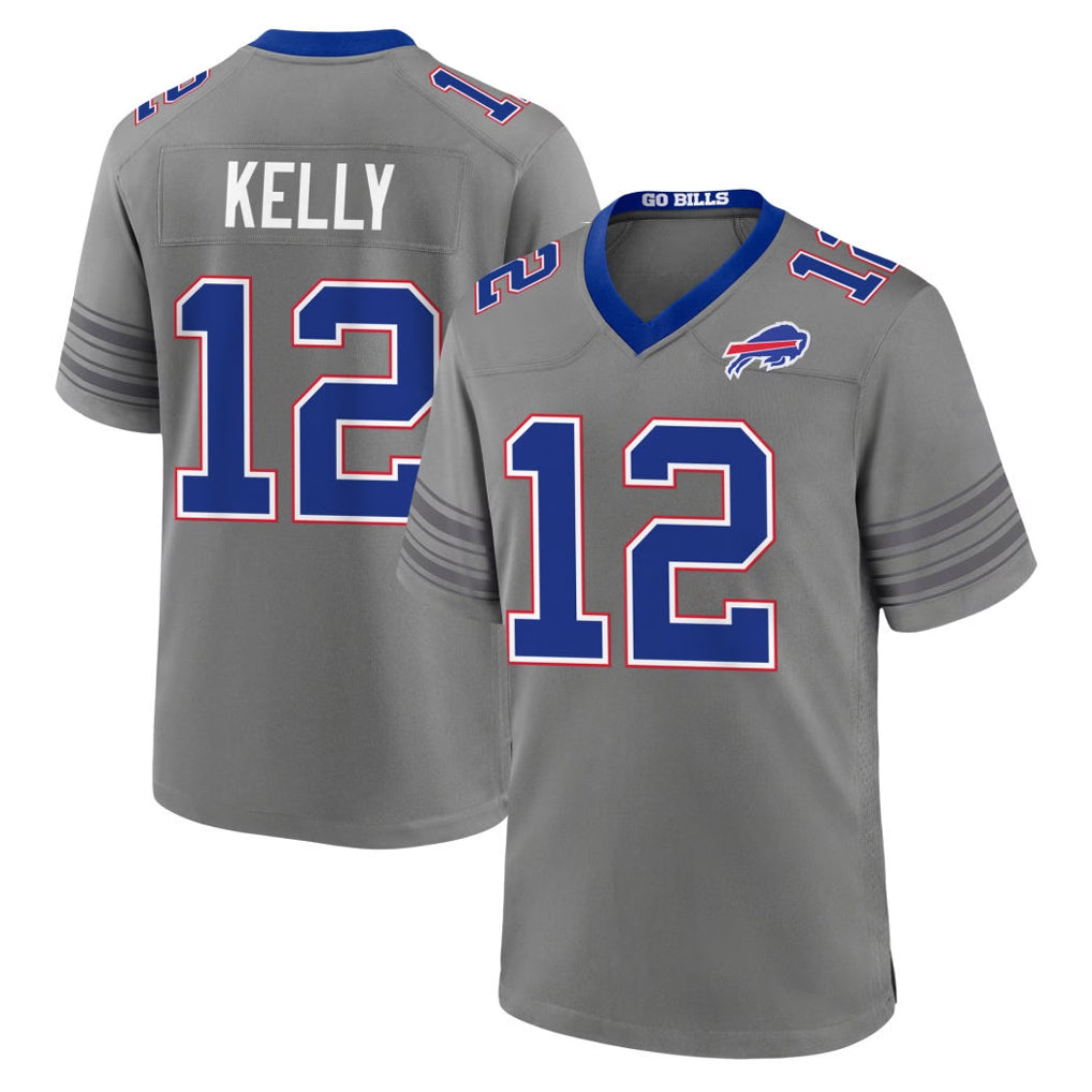 B.Bills #12 Jim Kelly Player Gray Nickel City Home Game Odoa Stitched Jerseys