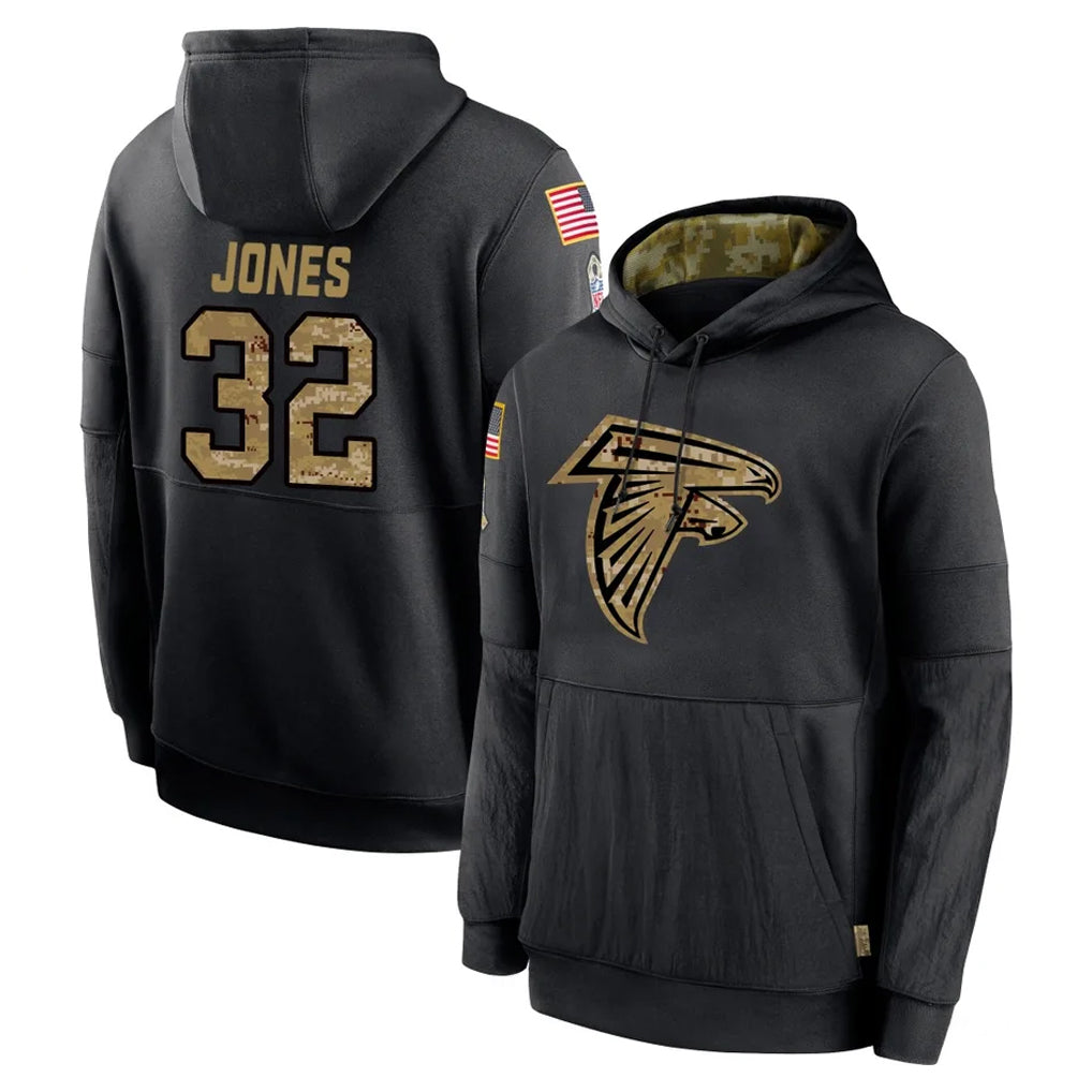 A.Falcons #32 Cash Jones Player Black Salute to Service Hoodies Game Odoa Stitched Jerseys