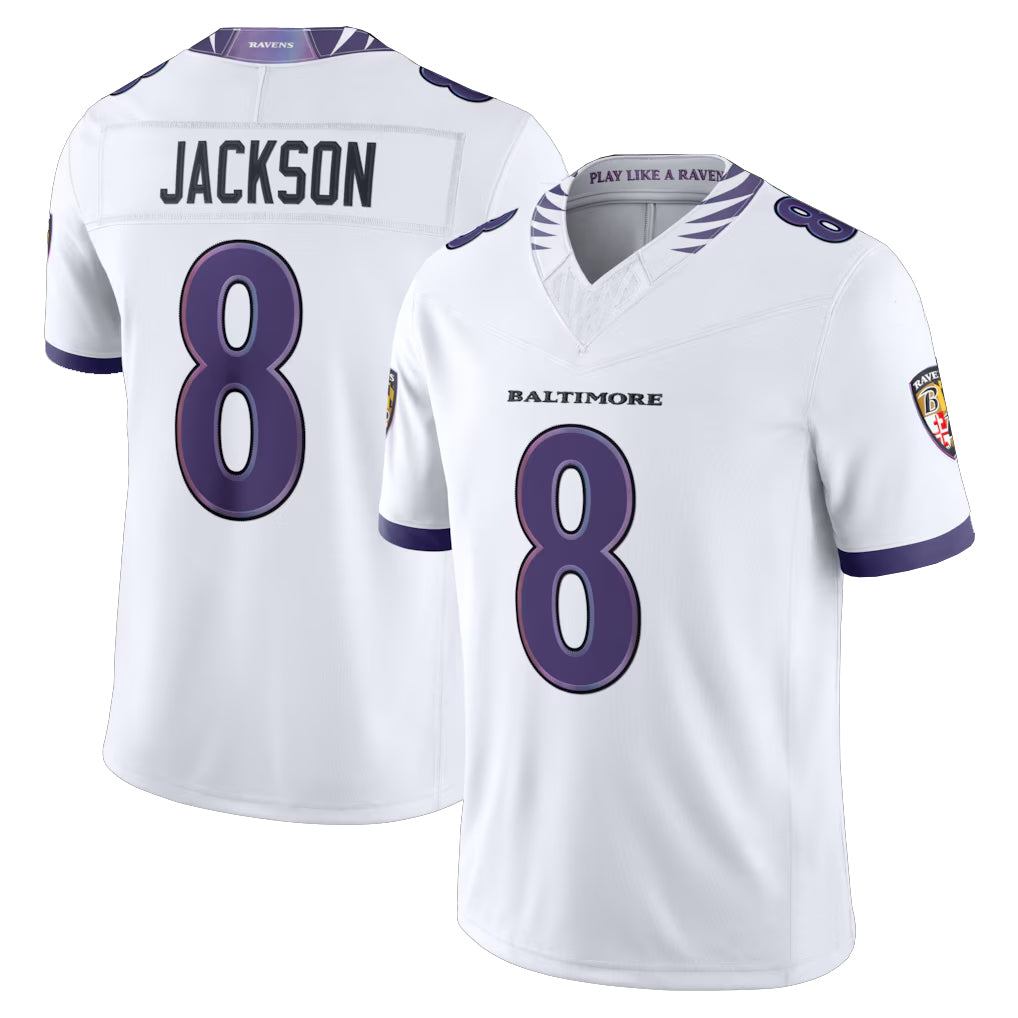 B.Ravens #8 Lamar Jackson Player White Limited Elite Home Game Odoa Stitched Jerseys