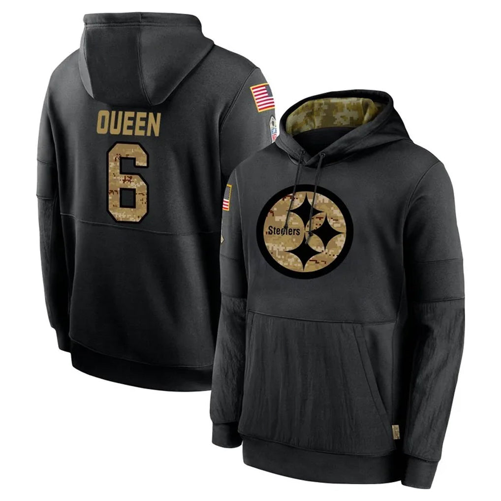 P.Steelers #6 Patrick Queen Player Black Salute to Service Hoodies Limited Game Odoa Stitched Jerseys