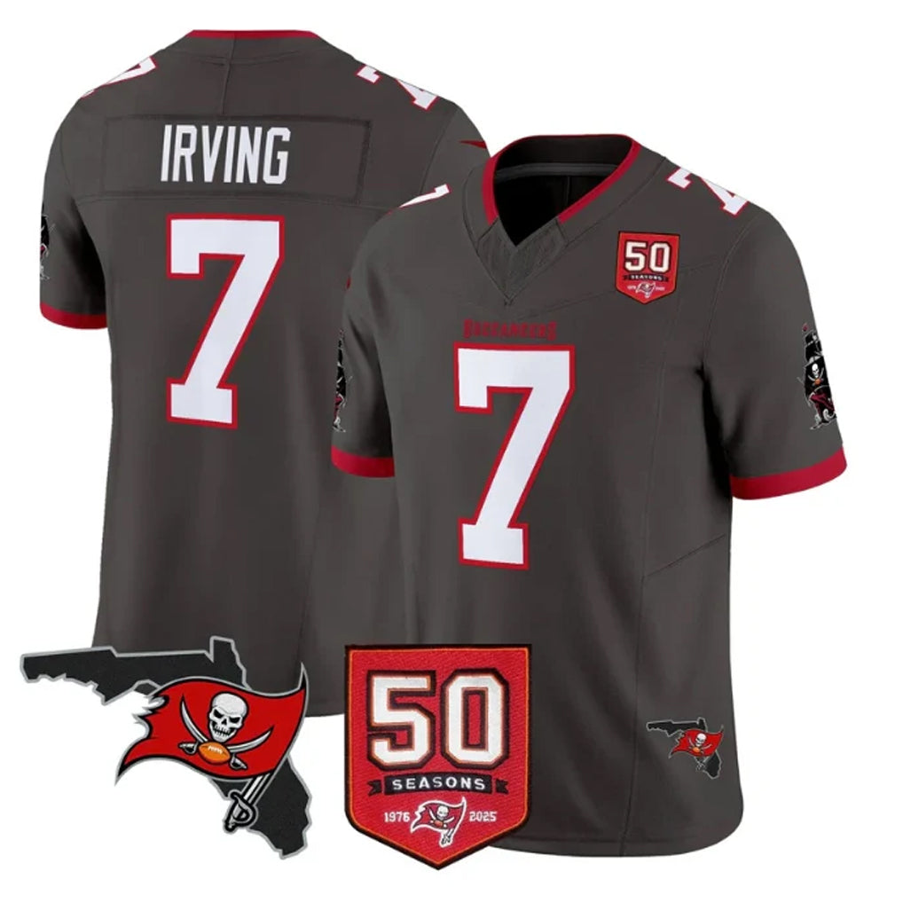 TB.Buccaneers #7 Bucky Irving Player Pewter 50th Season Vapor Limited Home Game Odoa Stitched Jerseys