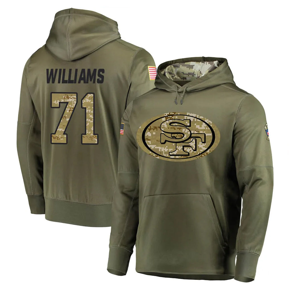 SF.49ers #71 Trent Williams Player Olive Salute to Service Pullover Hoodie Home Game Odoa Stitched Jerseys