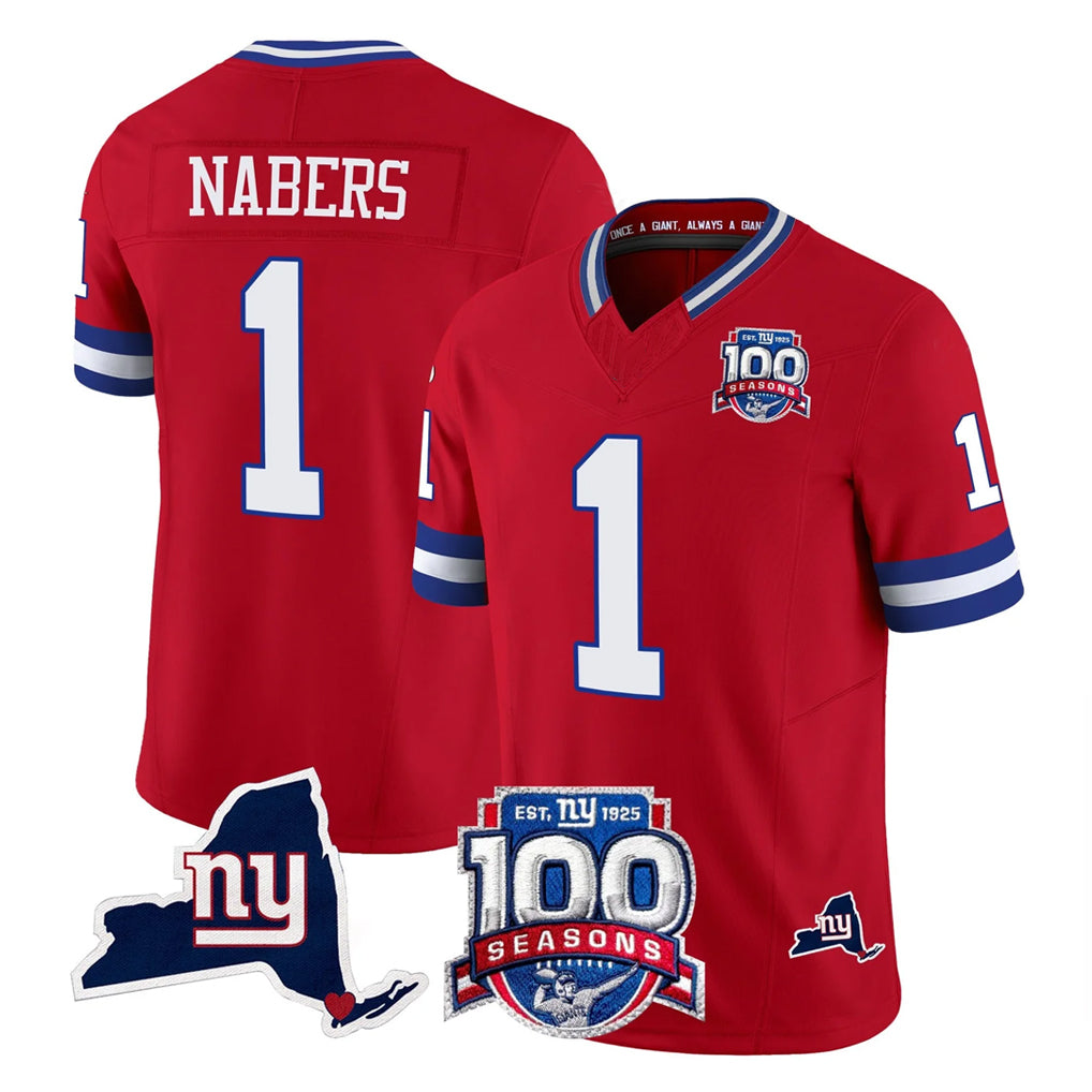 NY.Giants #1 Malik Nabers Player Red 100th Season & State Patch Vapor Limited Home Game Odoa Stitched Jerseys
