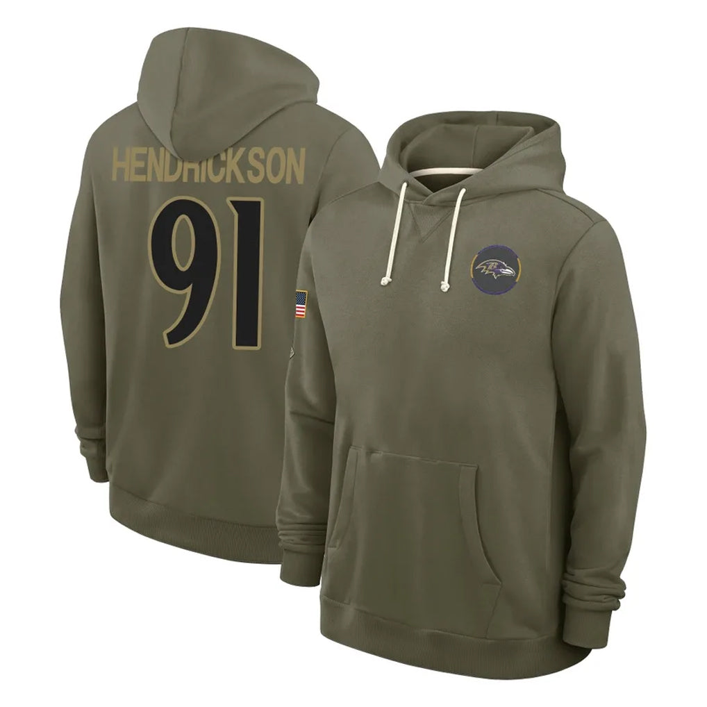 B.Ravens #91 Trey Hendrickson Player Olive Salute to Service Hoodie Odoa Stitched Jerseys