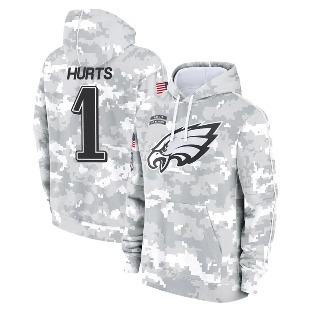 P.Eagles #1 Jalen Hurts Player Arctic Camo Salute to Service Pullover Hoodies Limited Game Odoa Stitched Jerseys