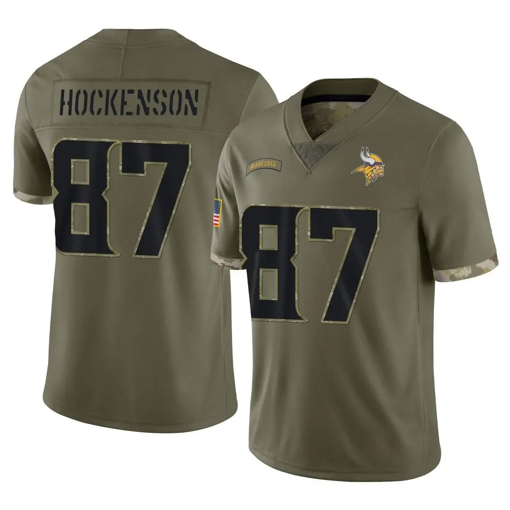 M.Vikings #87 T.J. Hockenson Player Olive Salute To Service Limited Odoa Stitched Jerseys