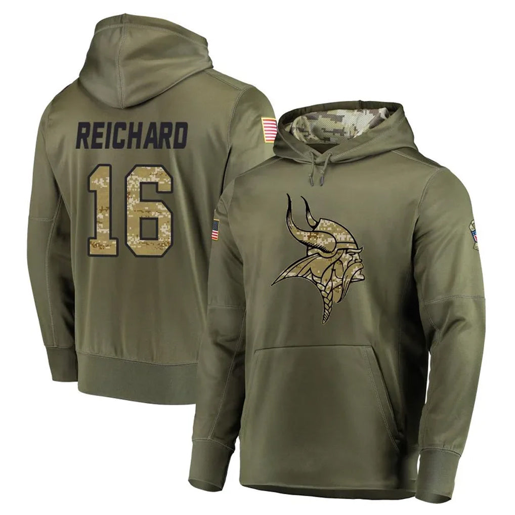 M.Vikings #16 Will Reichard Player Olive Salute to Service Pullover Hoodies Home Game Odoa Stitched Jerseys