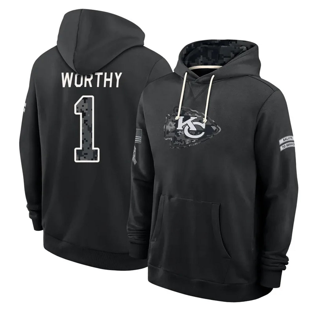 KC.Chiefs #1 Xavier Worthy Player 2026 Black Logo Pullover Hoodies Limited Game Stitched Jerseys