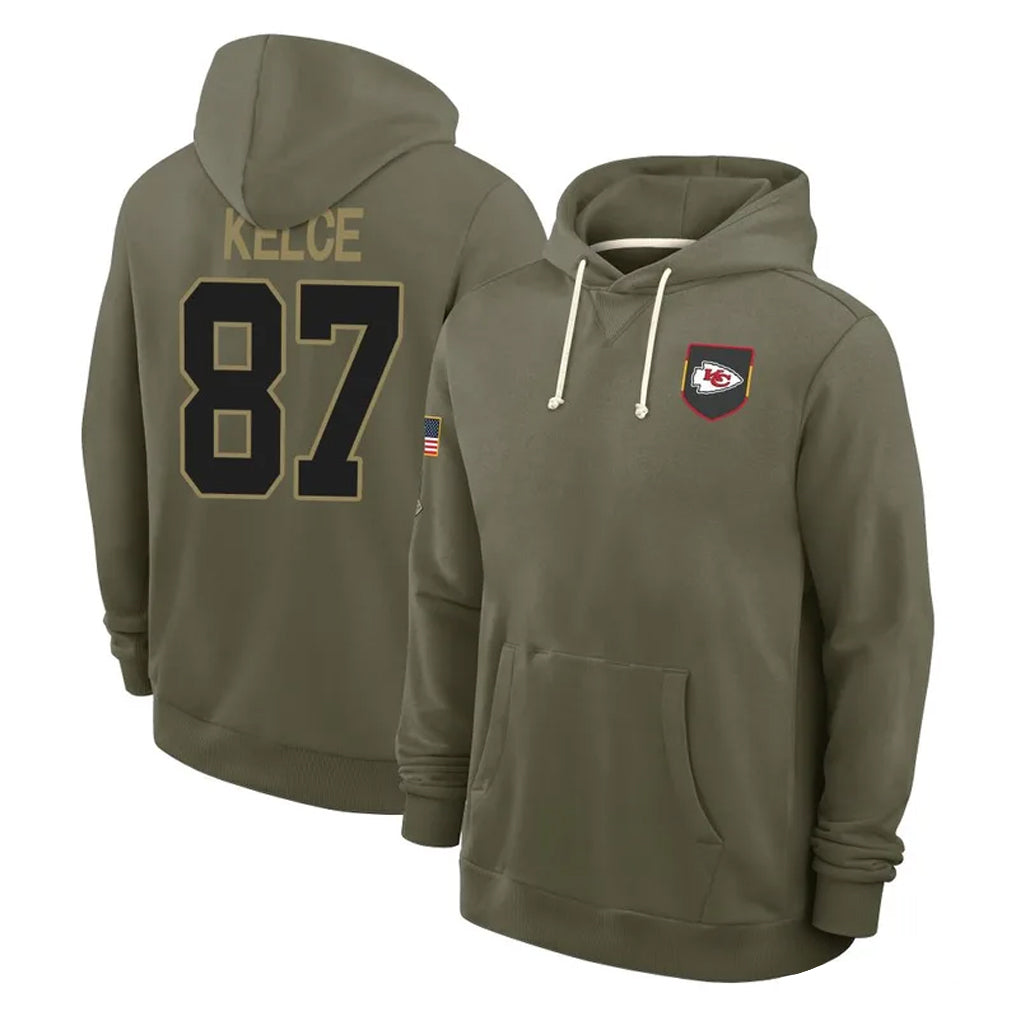 KC.Chiefs #87 Travis Kelce Player Olive Salute to Service Pullover Hoodies Limited Odoa Stitched Jerseys