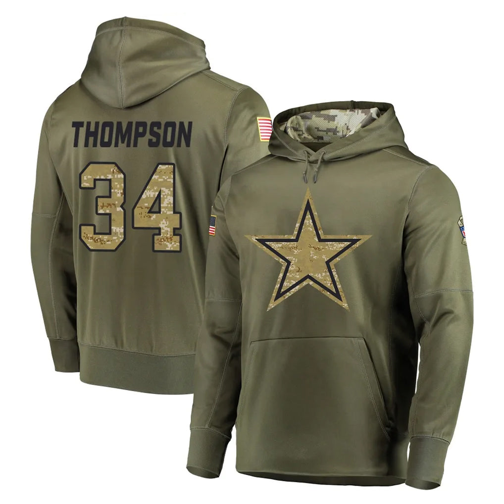 D.Cowboys #34 Jalen Thompson Player Olive Salute to Service Pullover Hoodies Home Game Odoa Stitched Jerseys