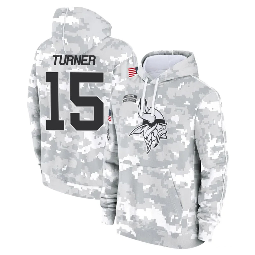 M.Vikings #15 Dallas Turner Player Arctic Camo Salute to Service Pullover Hoodies Limited Game Odoa Stitched Jerseys
