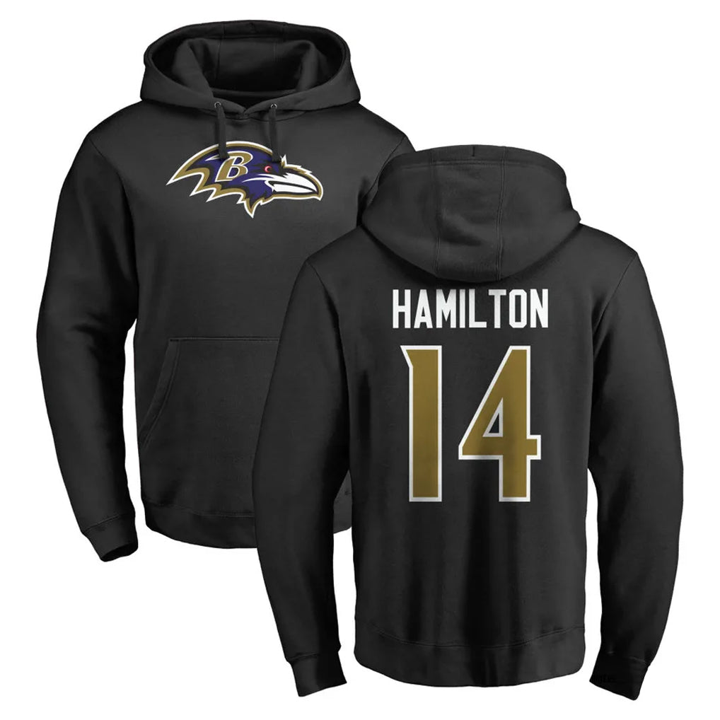B.Ravens #14 Kyle Hamilton Player Black Pullover Hoodie Odoa Stitched Jerseys